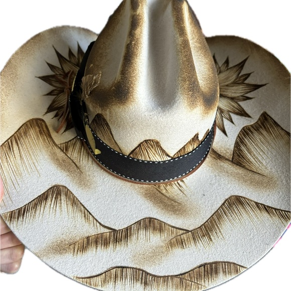 Cowgirl hat, hand burned with Sunflowers & Mountains - Picture 3 of 9